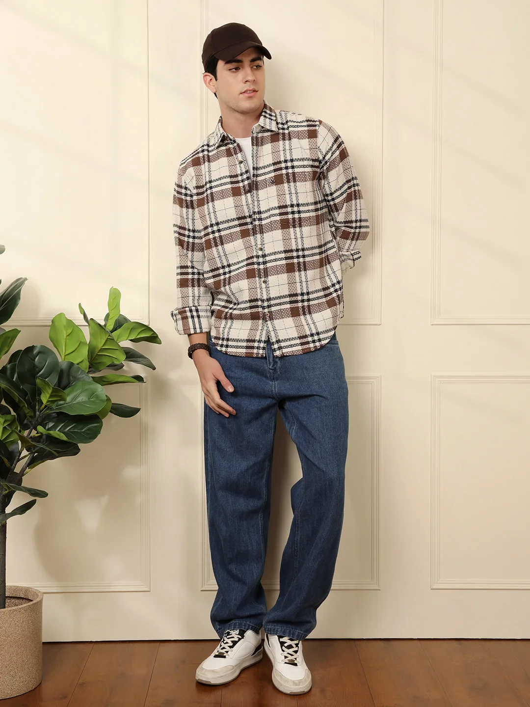 Checked Dobby Pattern Shirt | Brown - Image 2