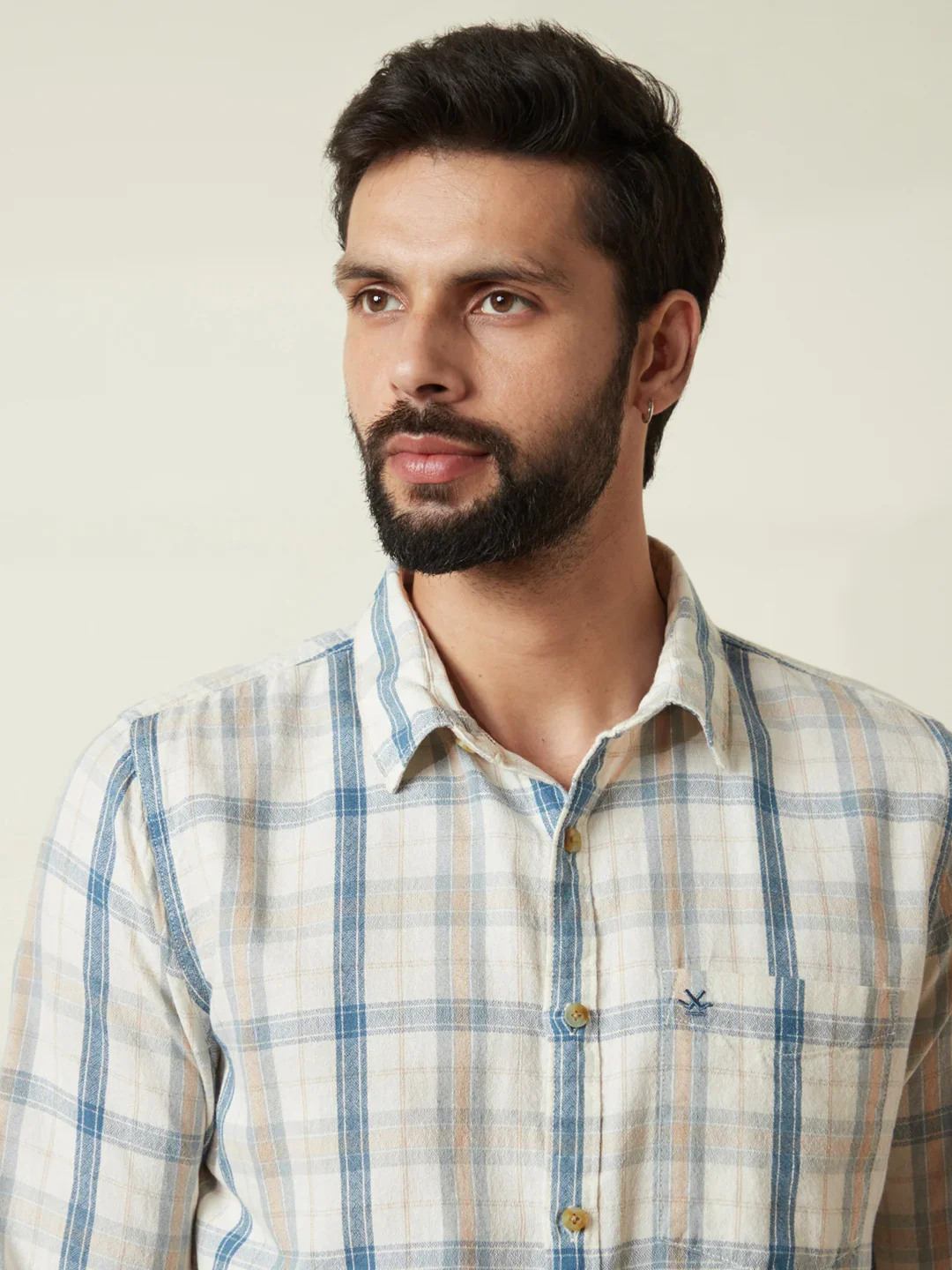Checked Slim Fit Textured Shirt | Off White - Image 5