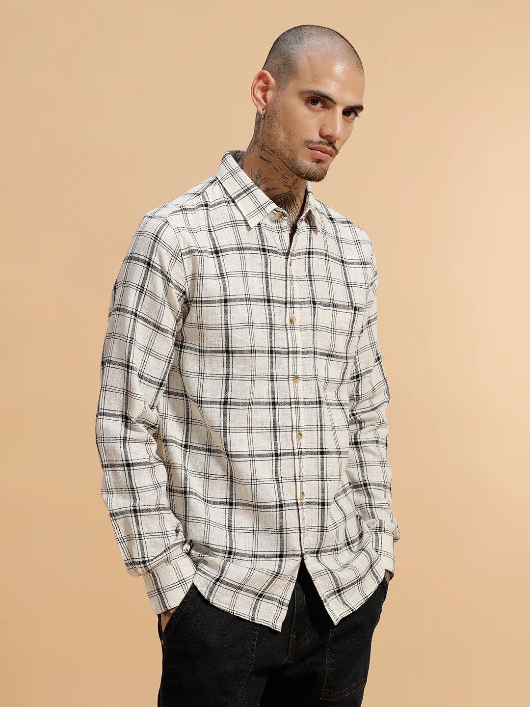 Checked Slub Texture Shirt | Off White - Image 5
