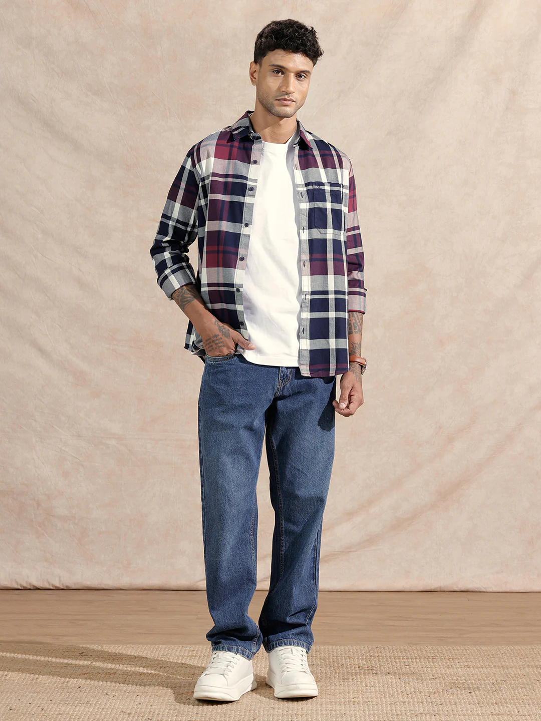 Checked Twill Slim Fit Shirt | Maroon - Image 2