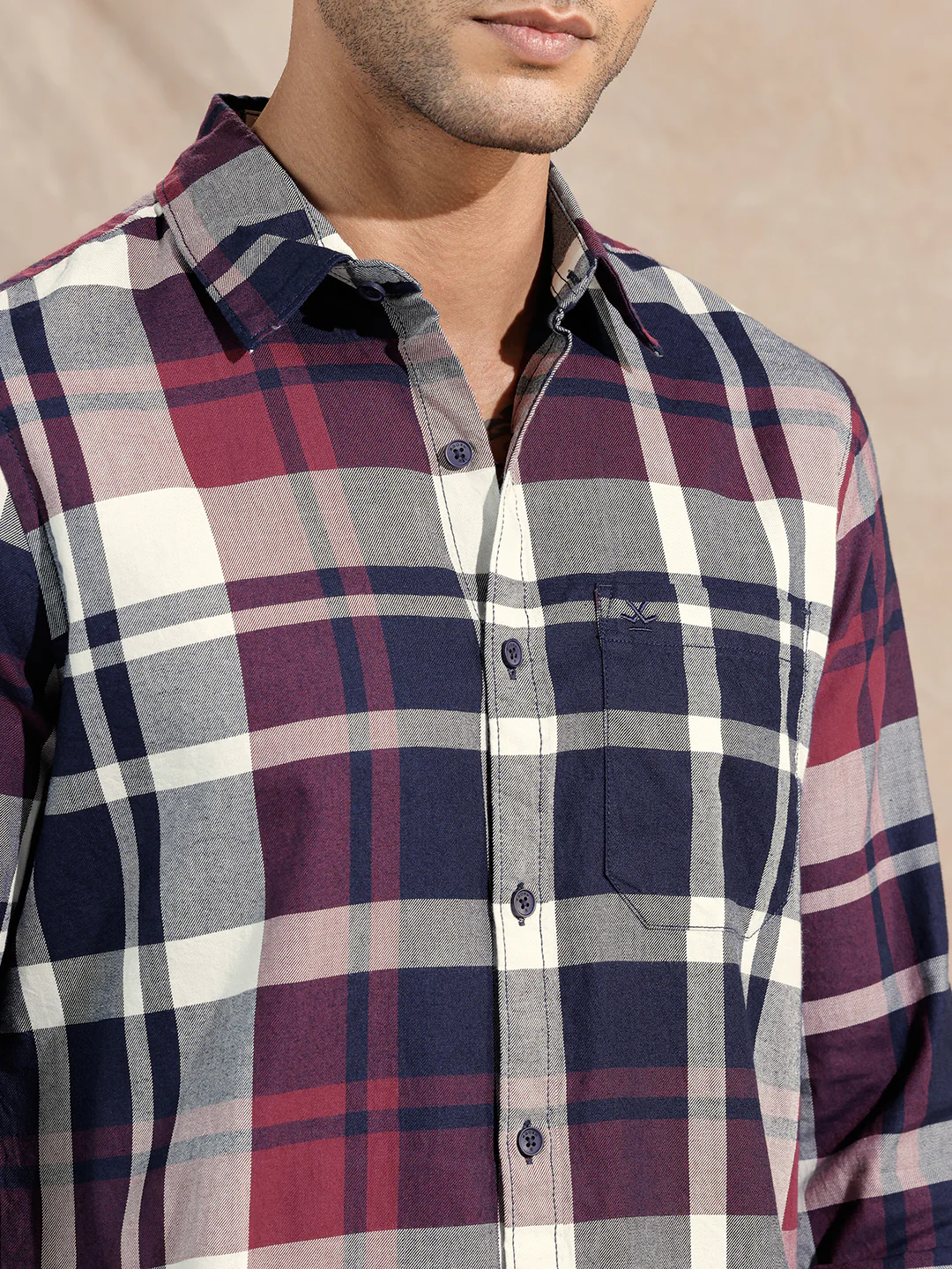 Checked Twill Slim Fit Shirt | Maroon - Image 5