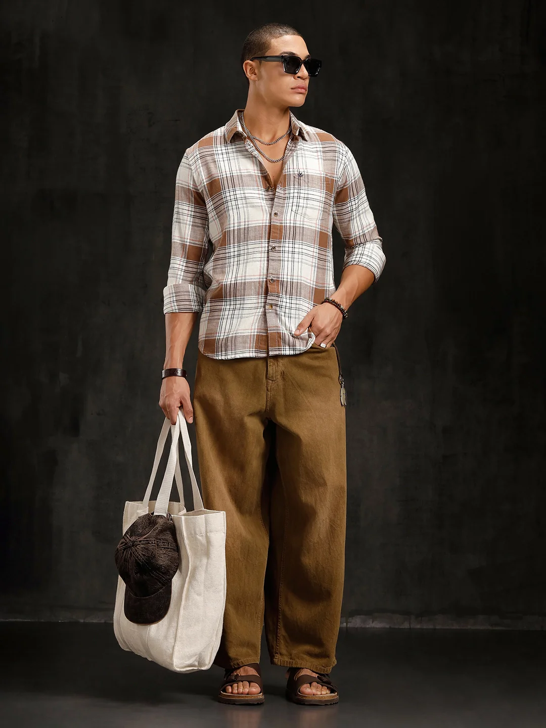 Checkered Cotton Slub Shirt | Brown - Image 2