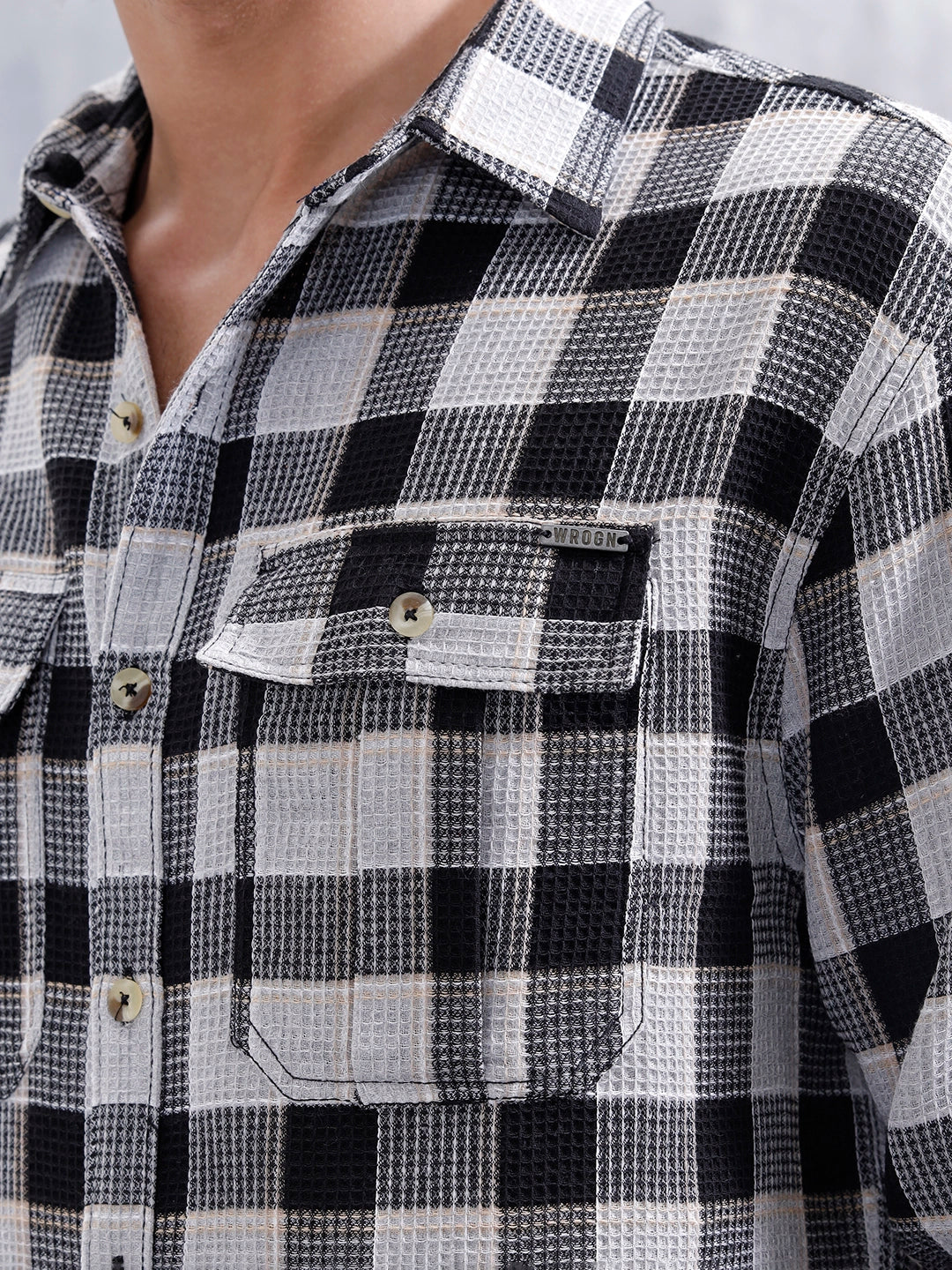 Checkered Pattern Double Pocket Comfort Fit Shirt | Black - Image 5