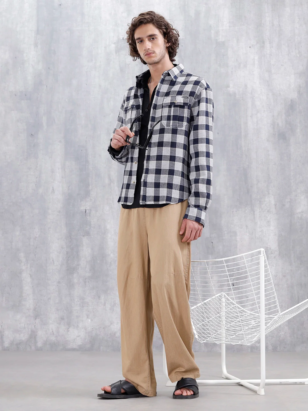 Checkered Pattern Double Pocket Comfort Fit Shirt | Navy Blue - Image 2