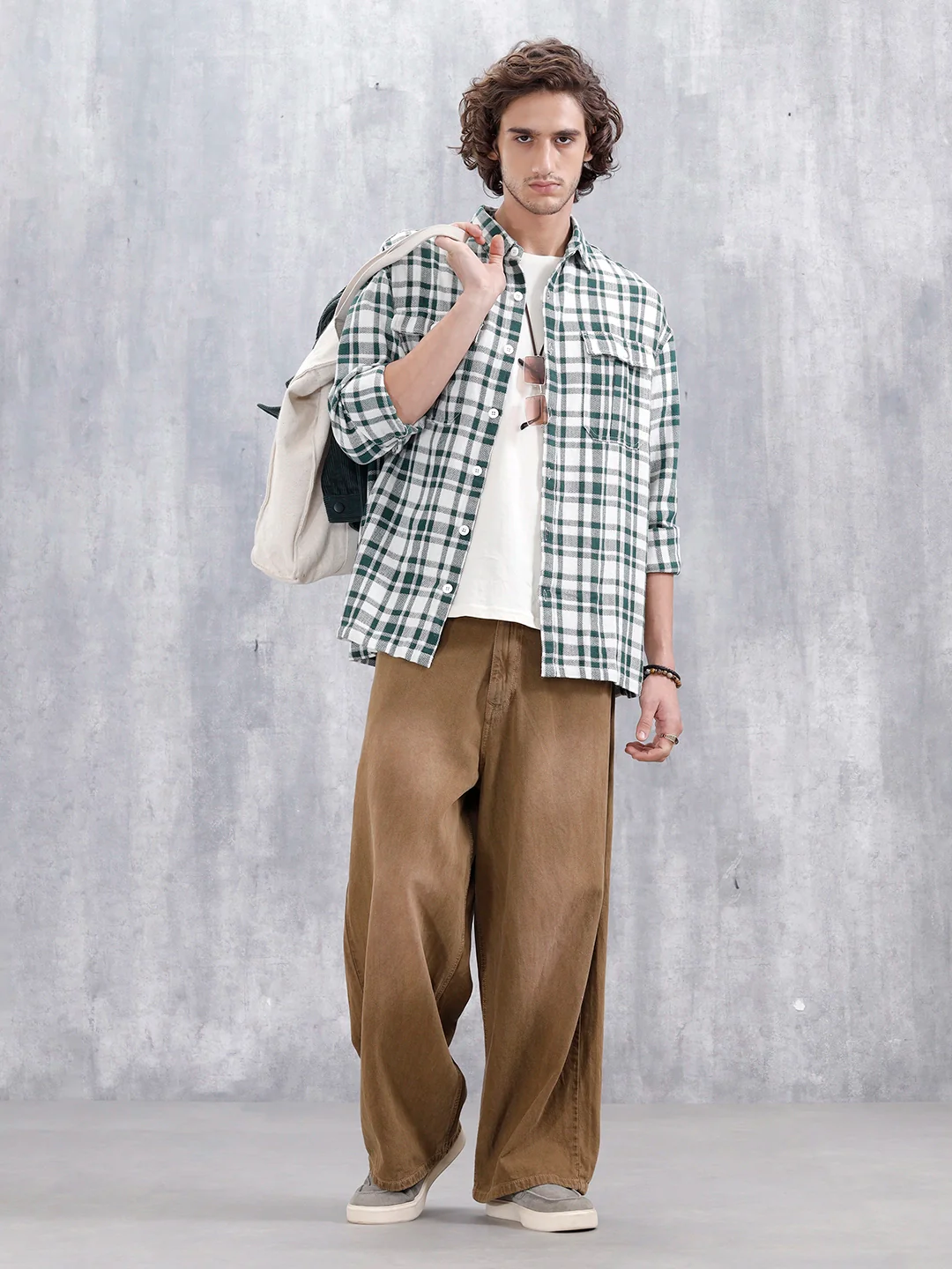 Checkered Pattern Double Pocket Oversized Fit Shirt | Green - Image 2