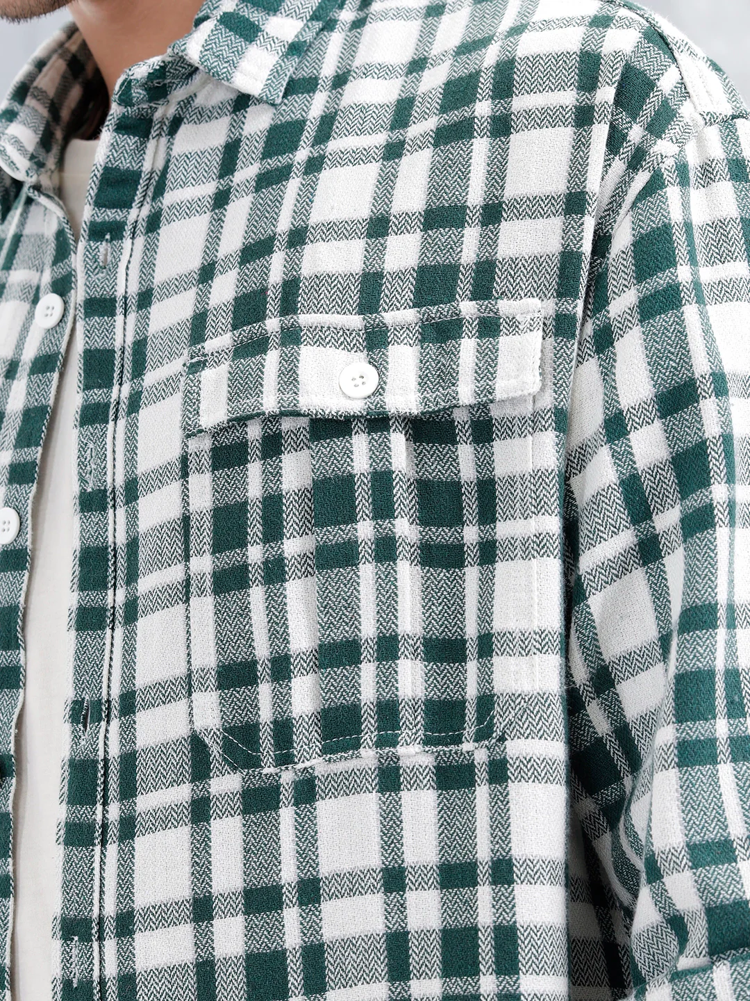 Checkered Pattern Double Pocket Oversized Fit Shirt | Green - Image 5