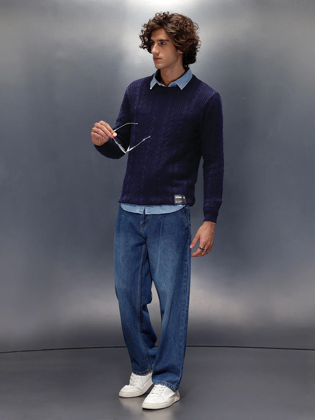 Chunky Cable Knit Slim Fit Crew Neck Sweater  | Navy Blue - Image 2