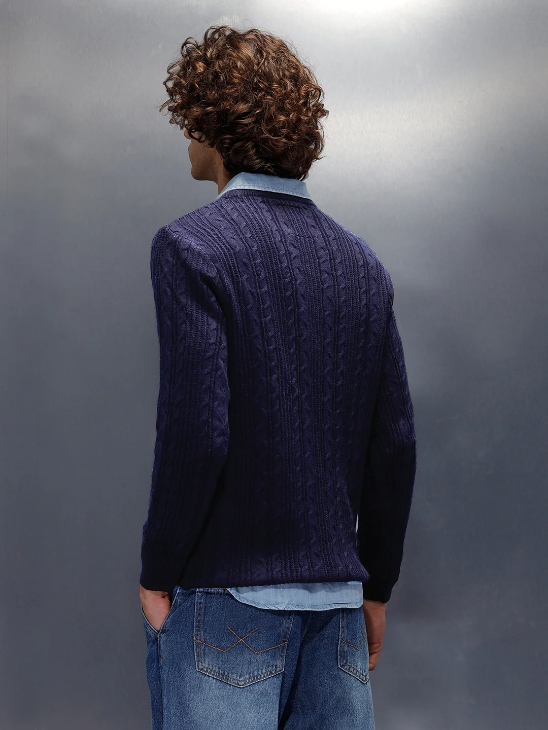 Chunky Cable Knit Slim Fit Crew Neck Sweater  | Navy Blue - Image 3