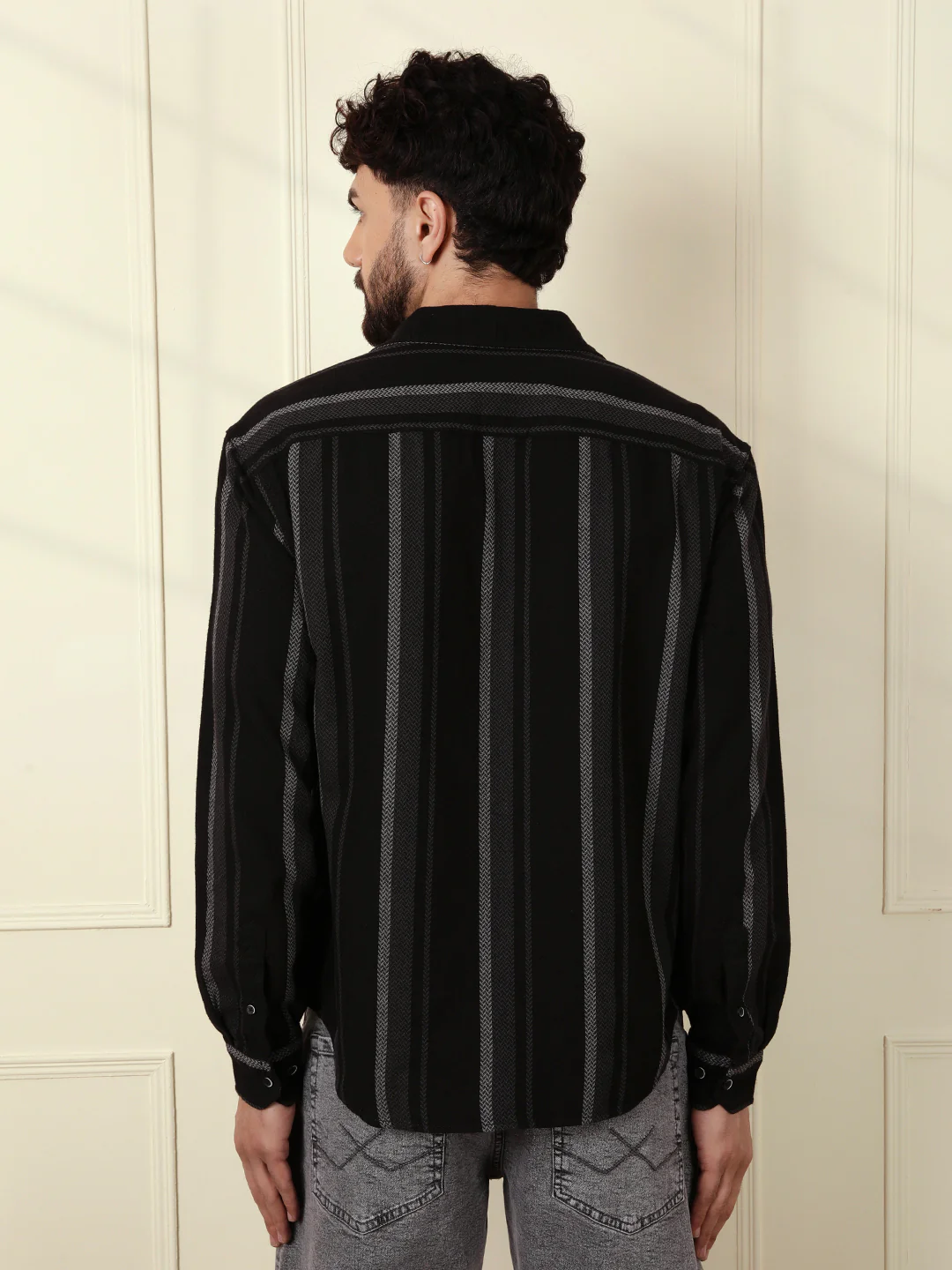 Textured Stripes Comfort Fit Shirt | Black - Image 3