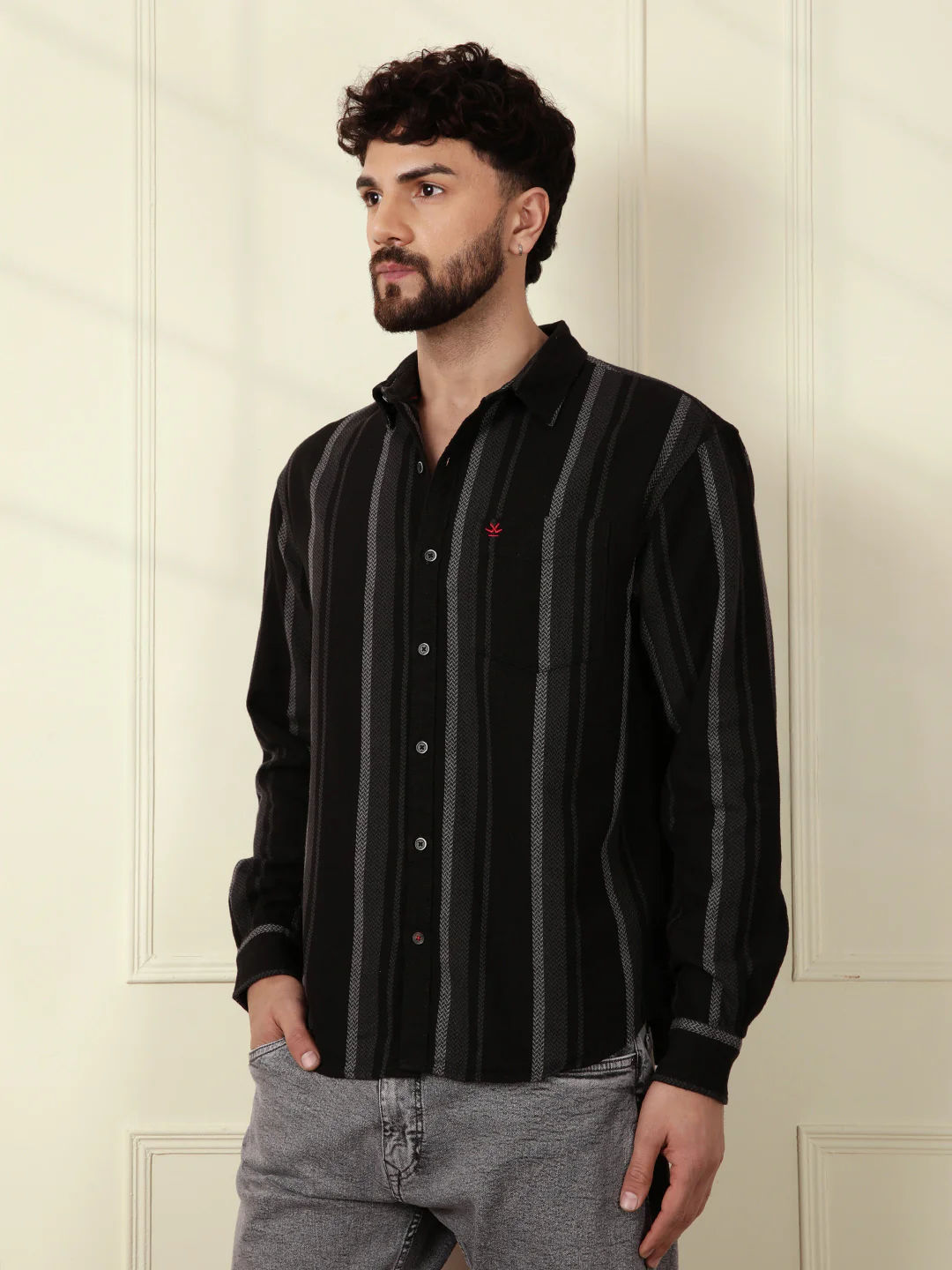 Textured Stripes Comfort Fit Shirt | Black - Image 4