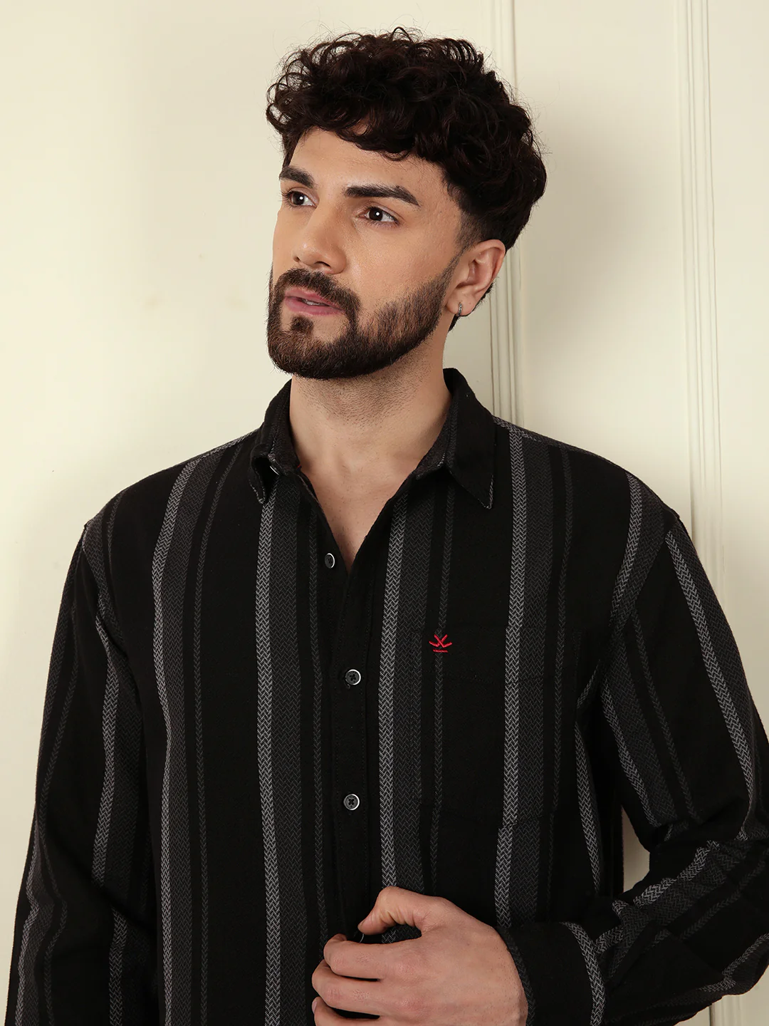Textured Stripes Comfort Fit Shirt | Black - Image 5