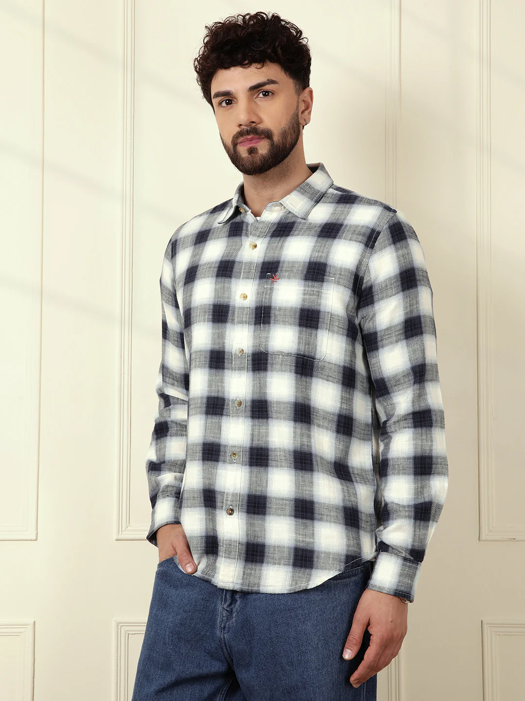Shadow Checked Herringbone Shirt | Off White - Image 4