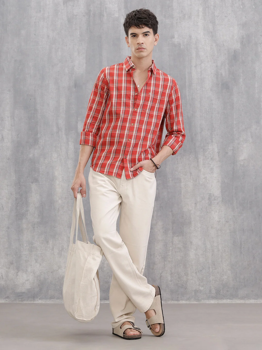 Classic Cotton Twill Checks In Slim Fit  |  Red - Image 2