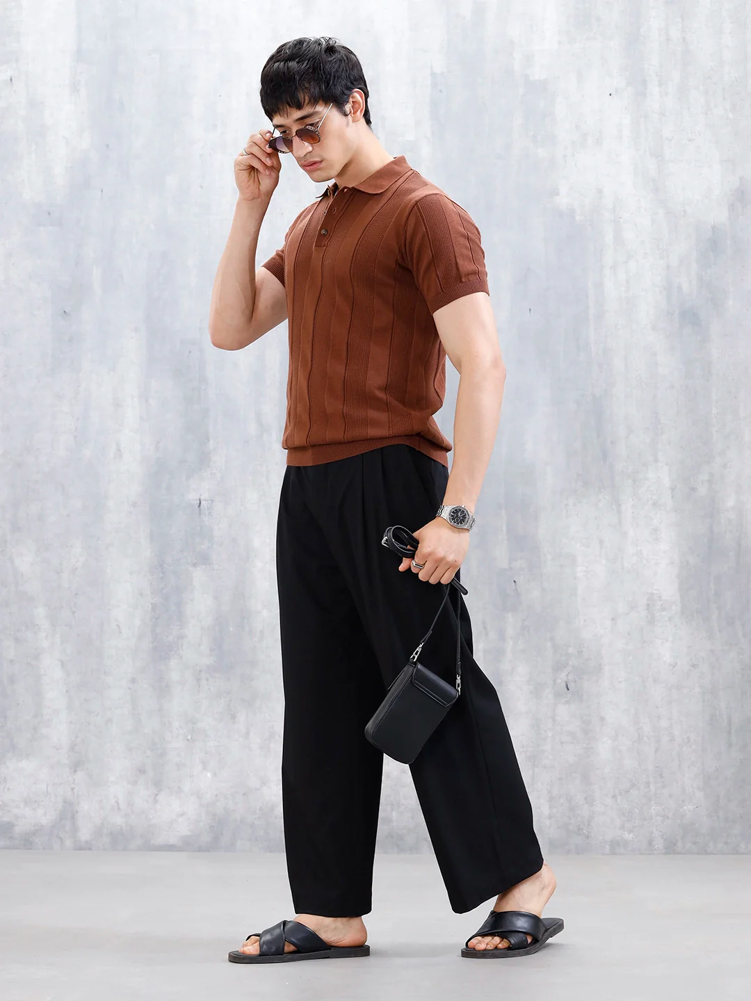 Classic Flat Knit Textured Polo T-Shirt For Men | Brown - Image 2