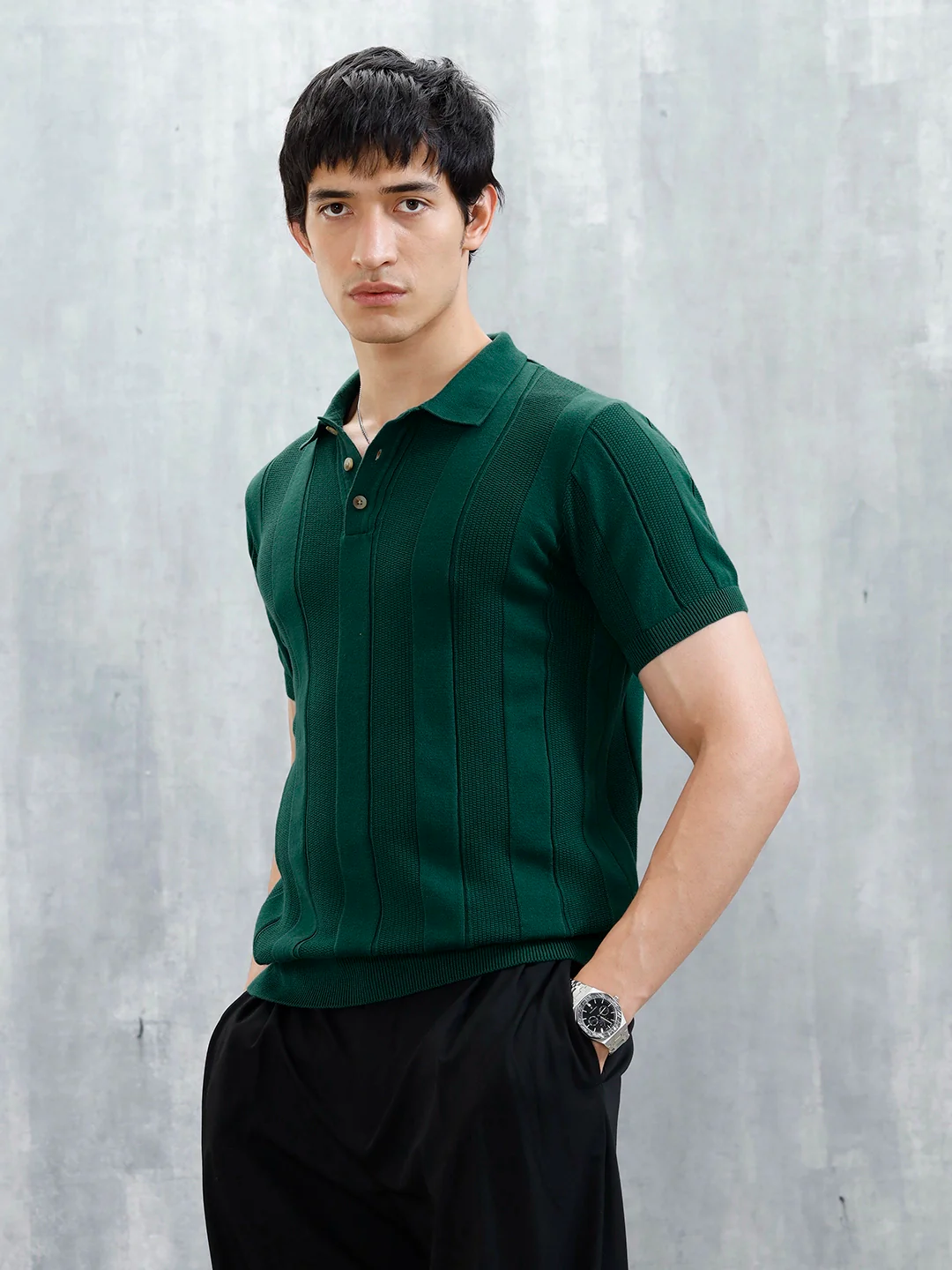 Classic Flat Knit Textured Polo T-Shirt For Men | Green - Image 4