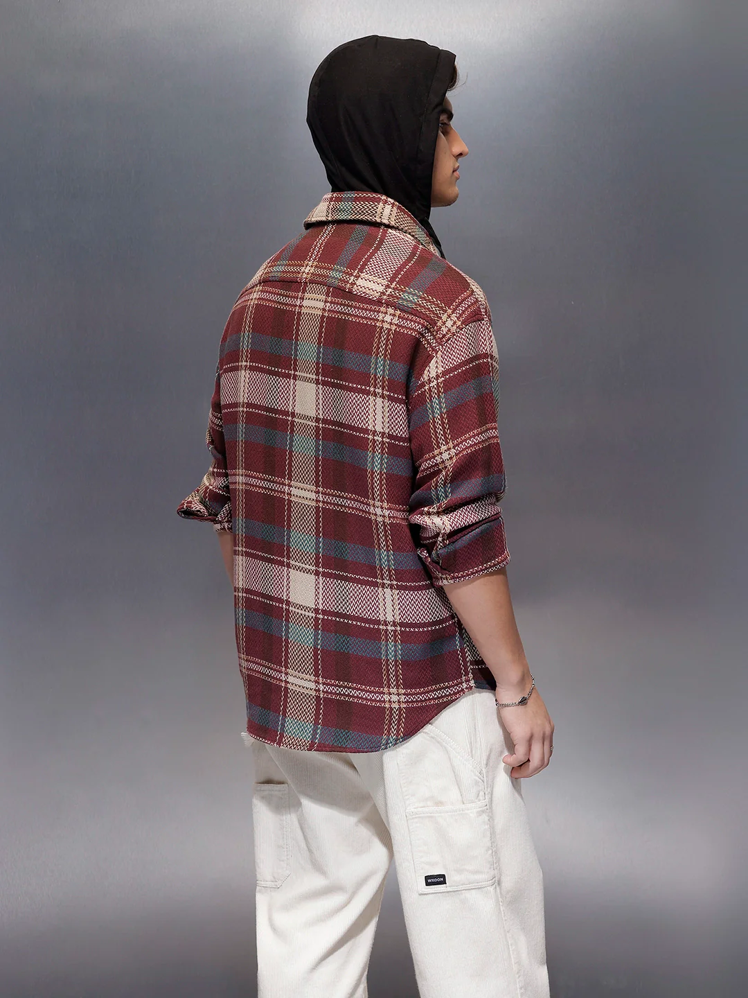 Classic Herringbone Hooded Shirt  | Maroon - Image 2