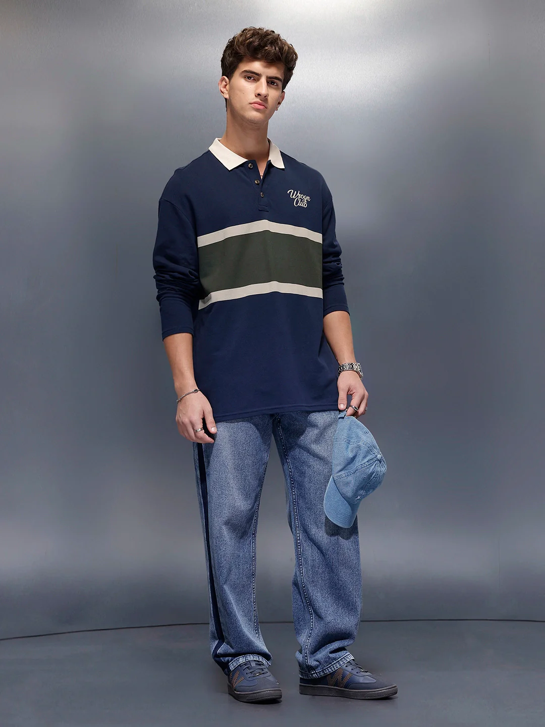 Classic Oversized Full Sleeves Polo T-Shirt  | Navy Blue - Image 2