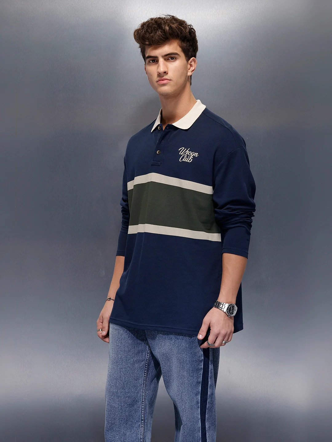 Classic Oversized Full Sleeves Polo T-Shirt  | Navy Blue - Image 4