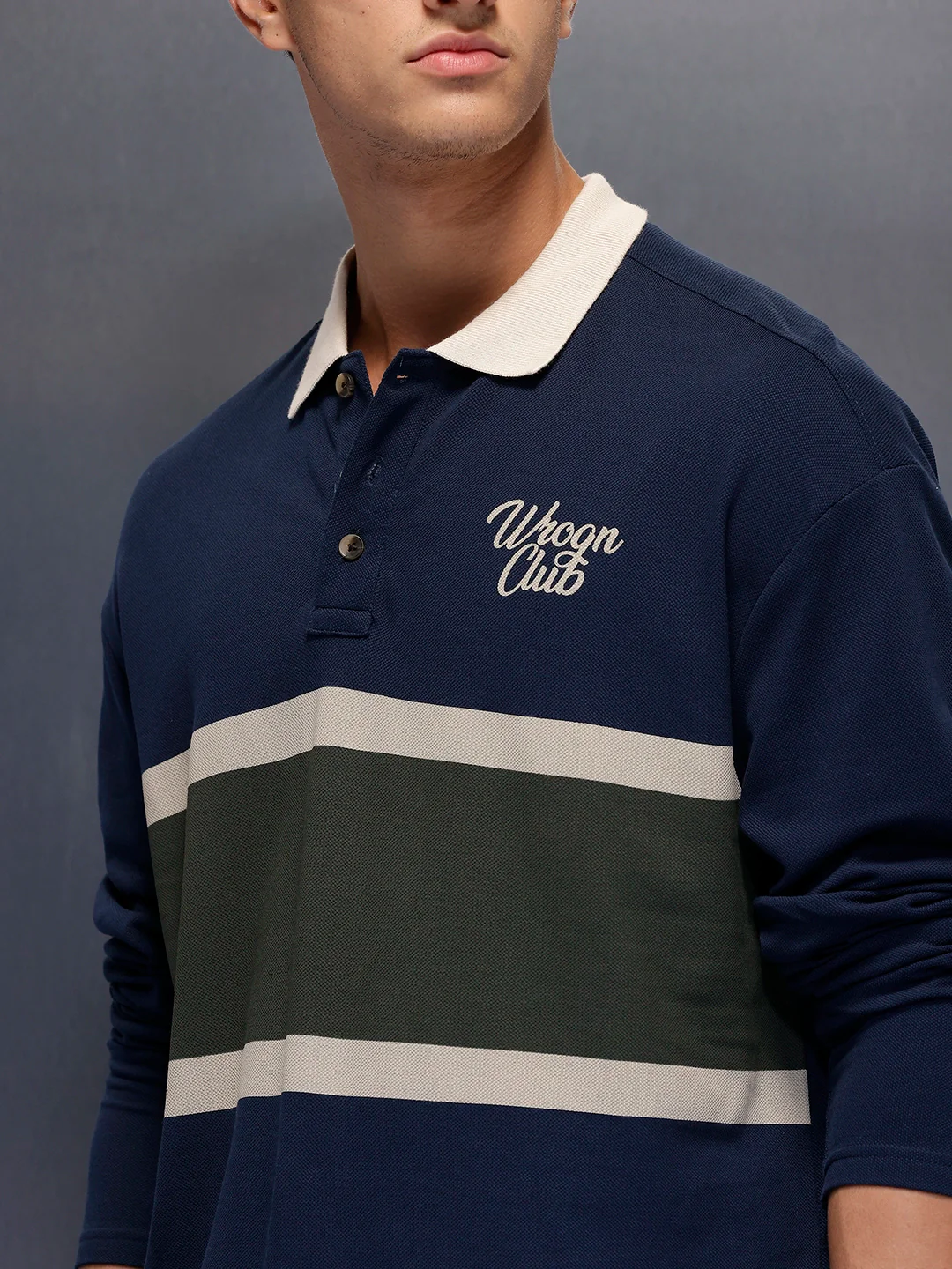Classic Oversized Full Sleeves Polo T-Shirt  | Navy Blue - Image 5