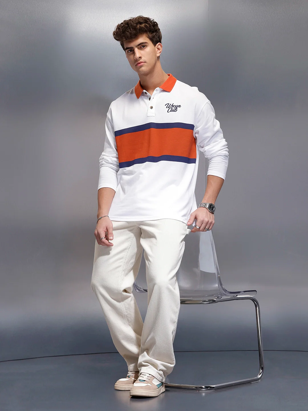 Classic Oversized Full Sleeves Polo T-Shirt  | White - Image 2