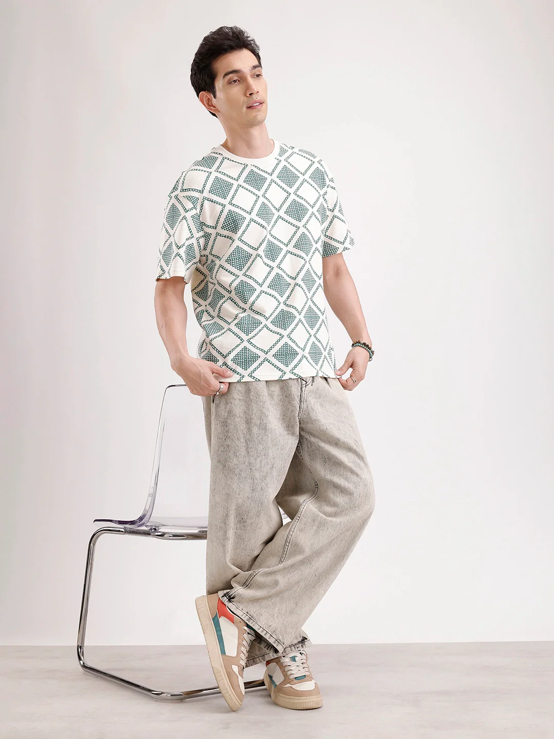 Classic Oversized Textured AOP T-Shirt  | Green - Image 2