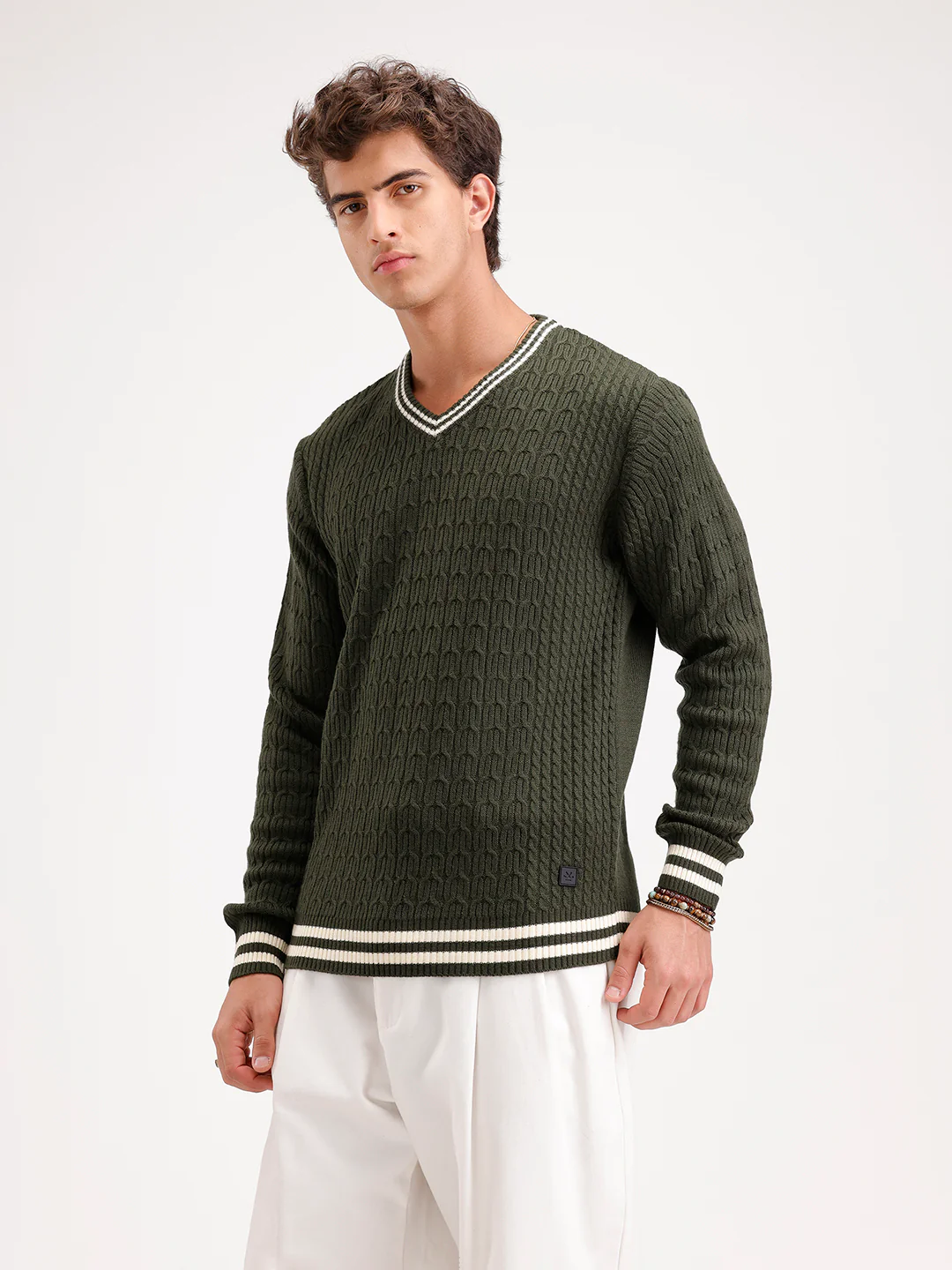 Classic Regular Fit Cable Knit Sweater  | Olive - Image 4