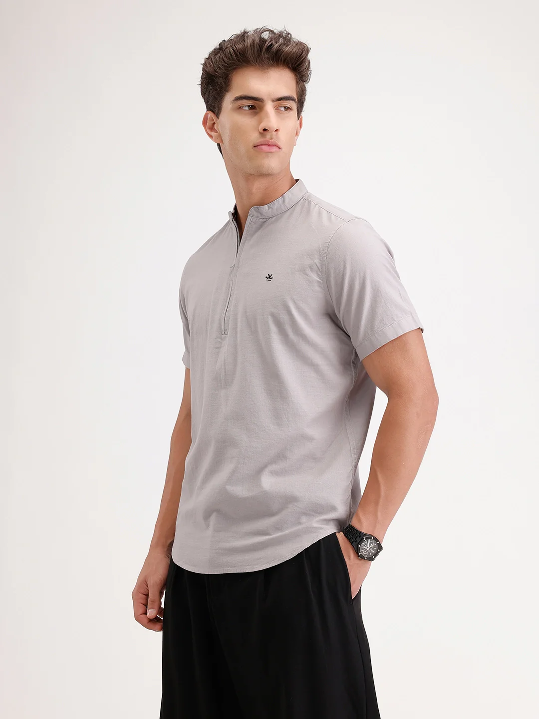 Classic Regular Fit Mandrin Collar Shirt | Grey - Image 4