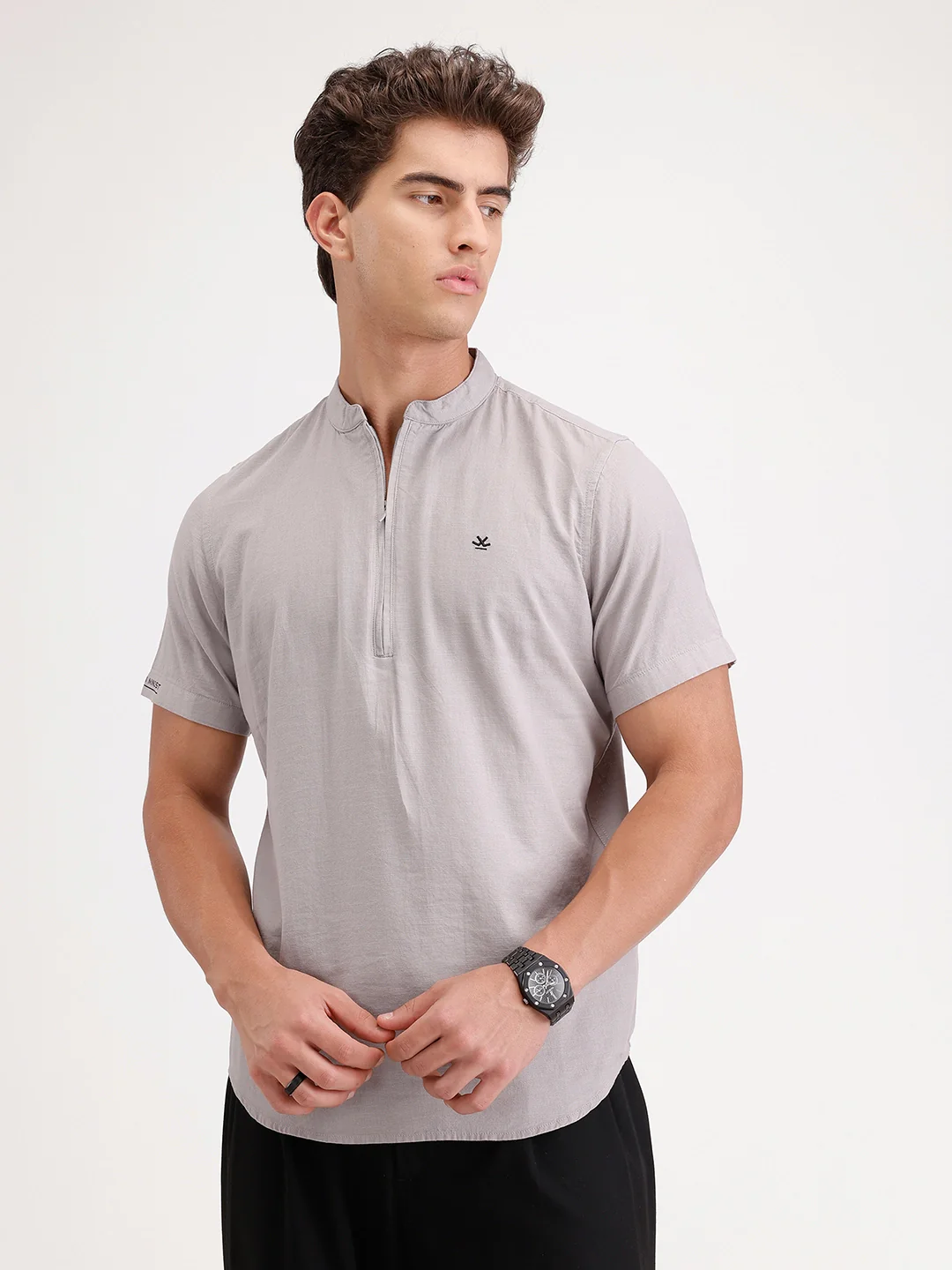 Classic Regular Fit Mandrin Collar Shirt | Grey - Image 7
