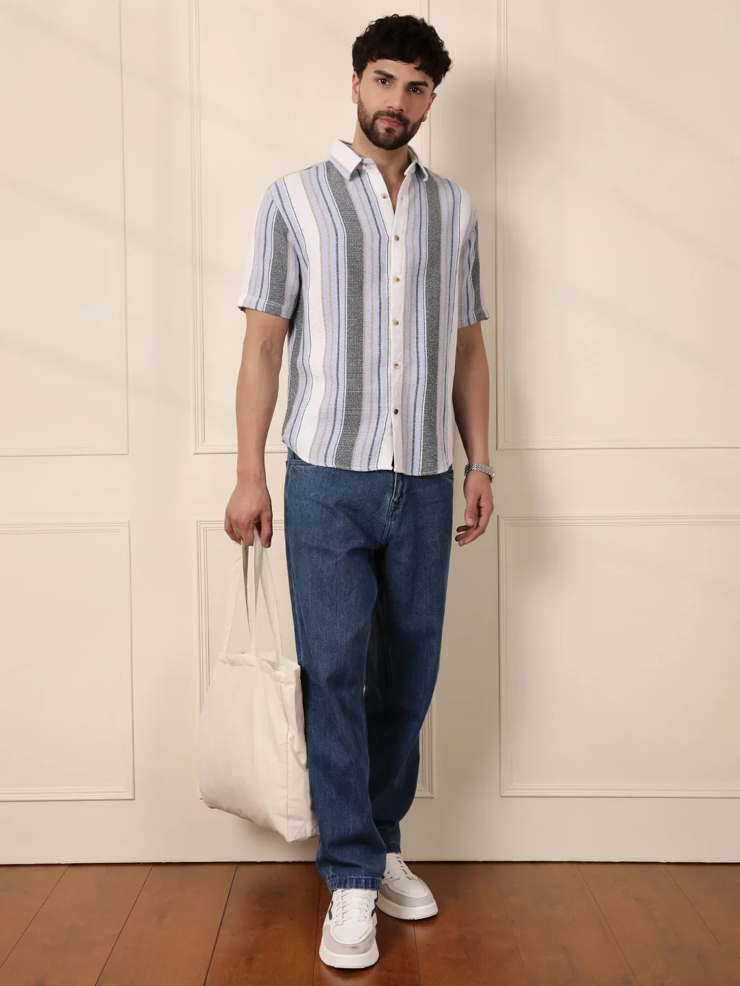 Textured Stripes Comfort Fit Shirt | Blue - Image 3