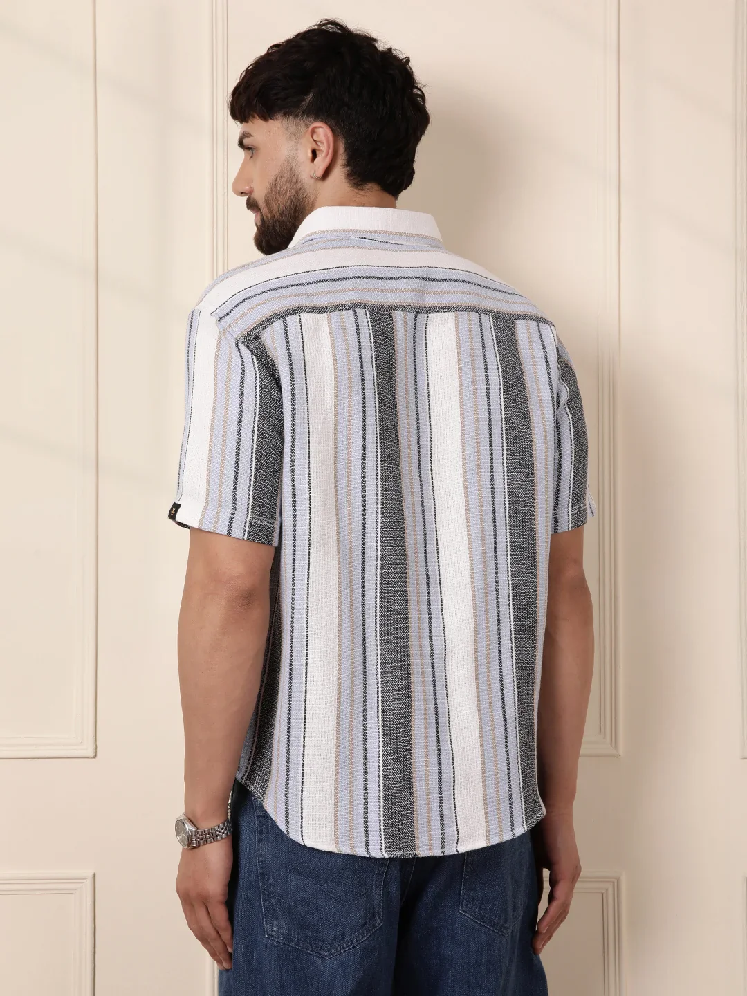 Textured Stripes Comfort Fit Shirt | Blue - Image 4