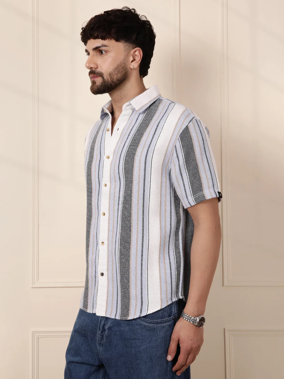 Textured Stripes Comfort Fit Shirt | Blue - Image 5