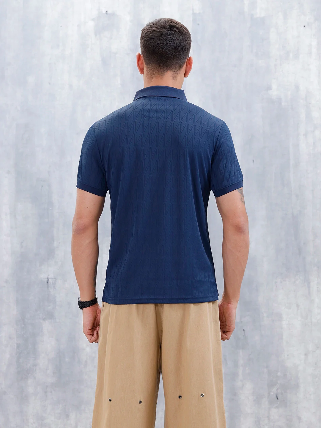 Classic Textured Men's Polo T-shirt | Navy Blue - Image 3
