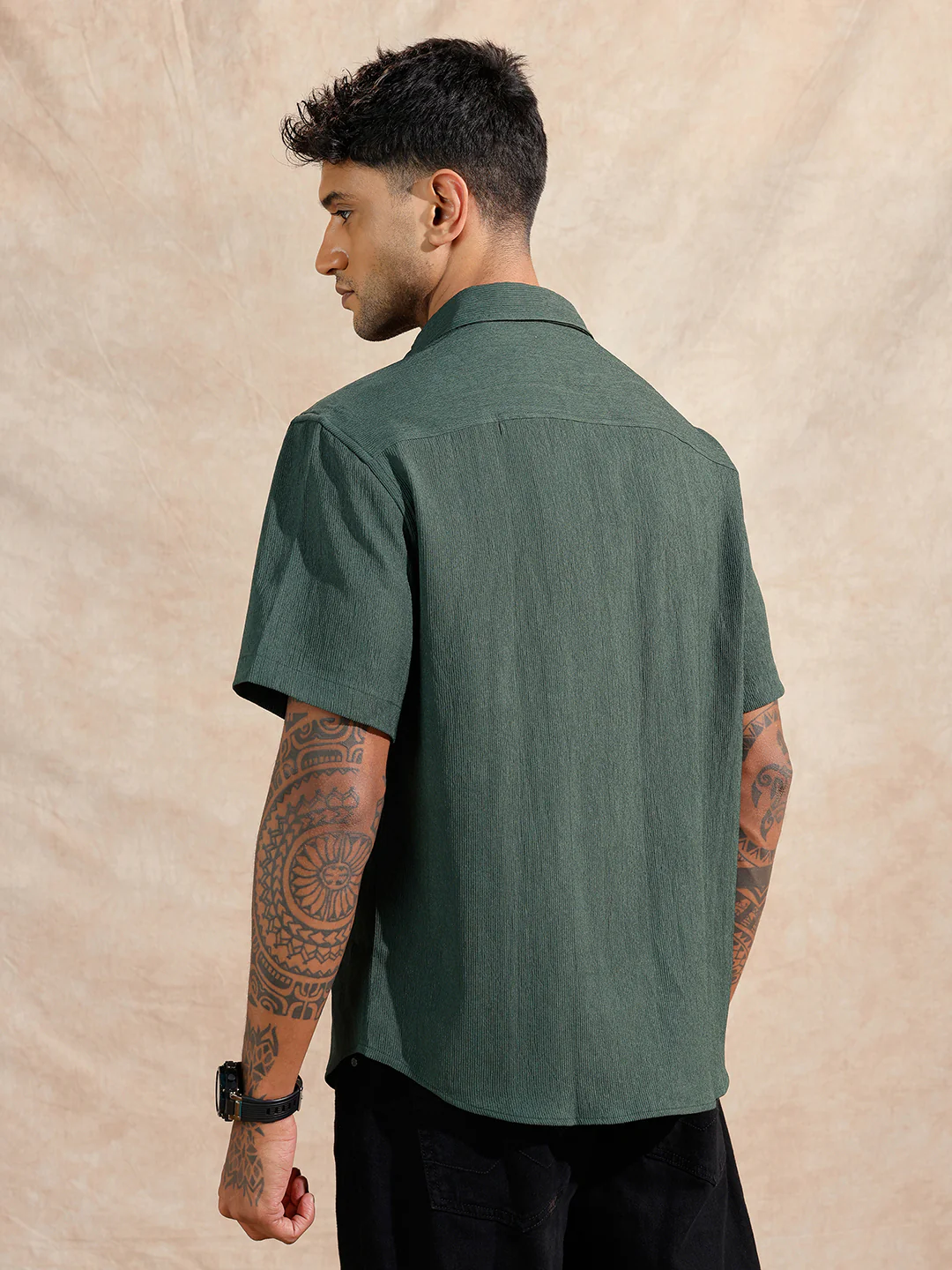 Classic Textured Short Sleeve Shirt | Dark Green - Image 3