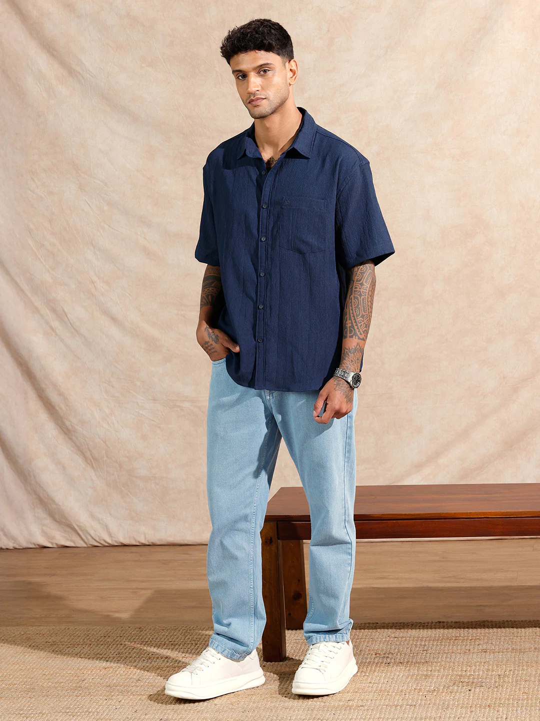 Classic Textured Short Sleeve Shirt  | Navy Blue - Image 2