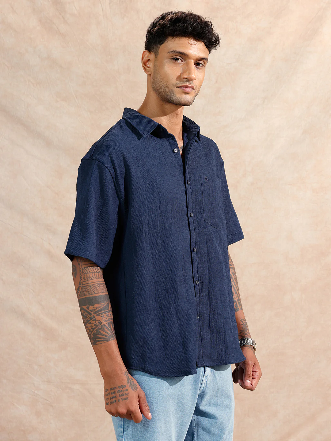 Classic Textured Short Sleeve Shirt  | Navy Blue - Image 4