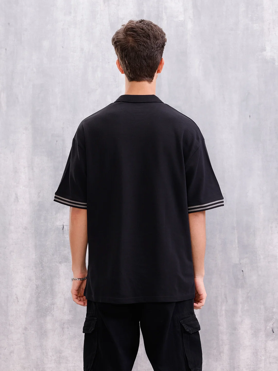 Club-Inspired Retro Johnny Collar Striped T-Shirt | Black - Image 3