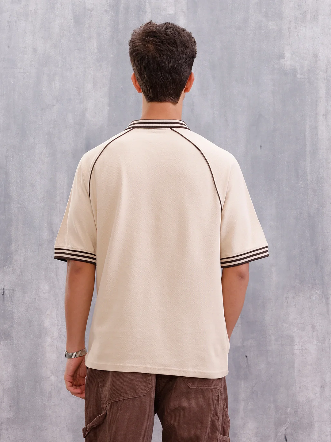 Club-Inspired Retro Johnny Collar T-Shirt | Beige - Image 3
