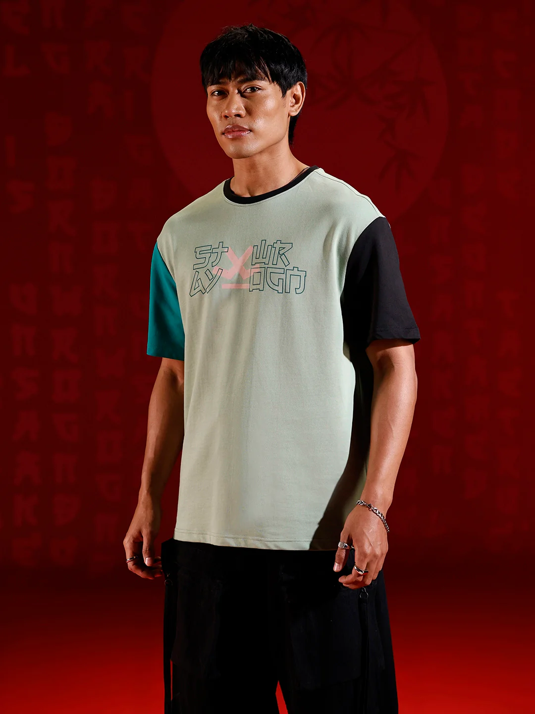 Color-block graphic oversized T-shirt | Green - Image 4