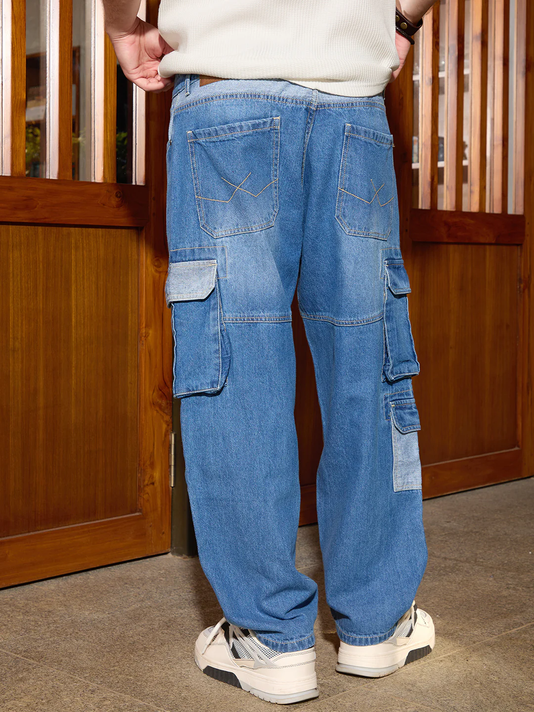 Colour Blocked Denim Cargo | Blue - Image 4