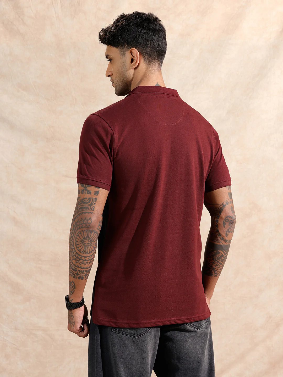 Colour Blocked Polo T-Shirt | Maroon & Black - Image 3