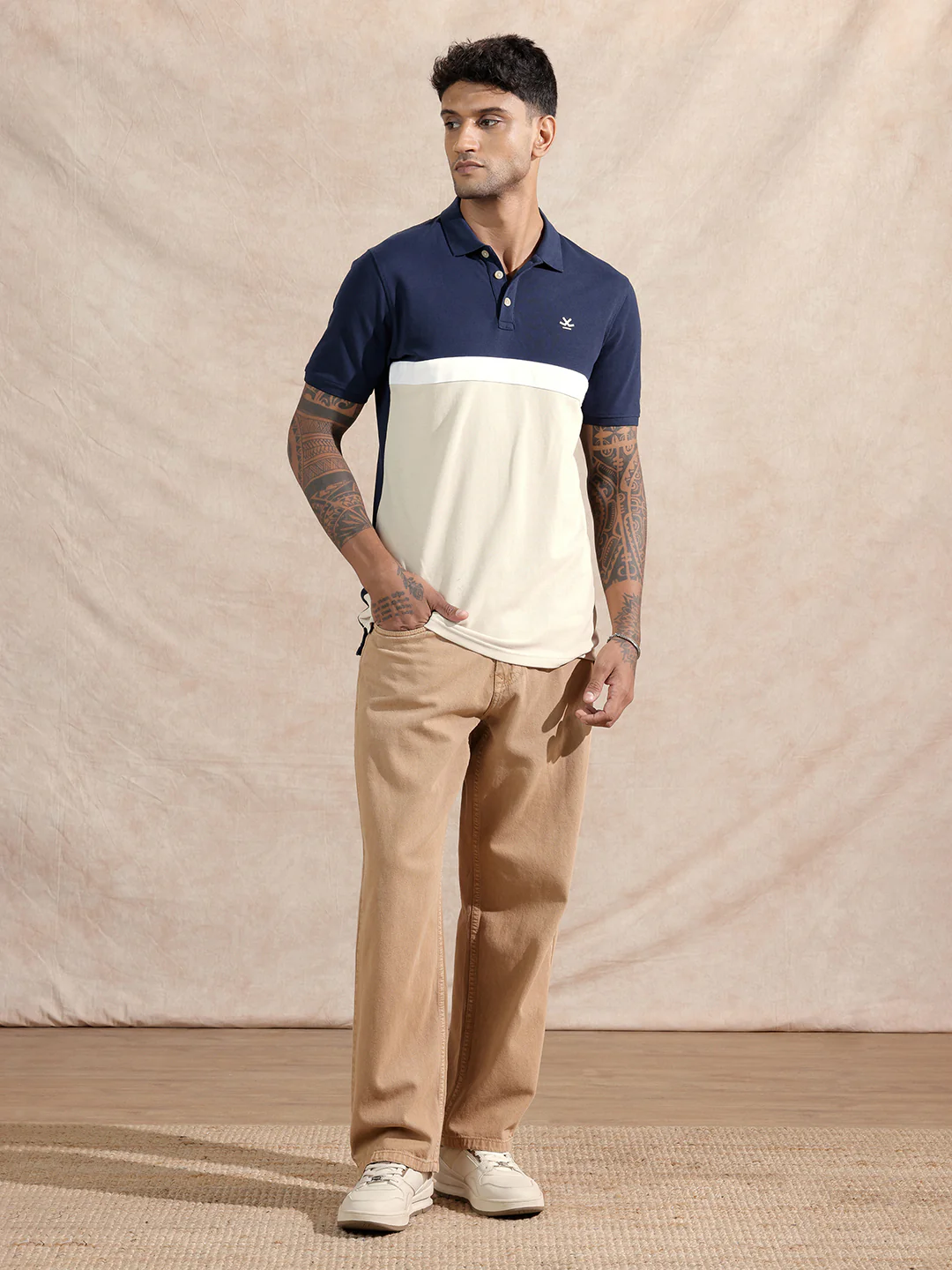 Colour Blocked Polo T-Shirt | Navy & Beige - Image 2