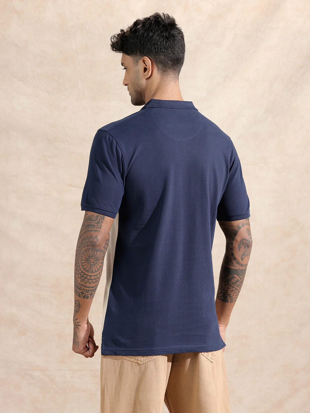 Colour Blocked Polo T-Shirt | Navy & Beige - Image 3