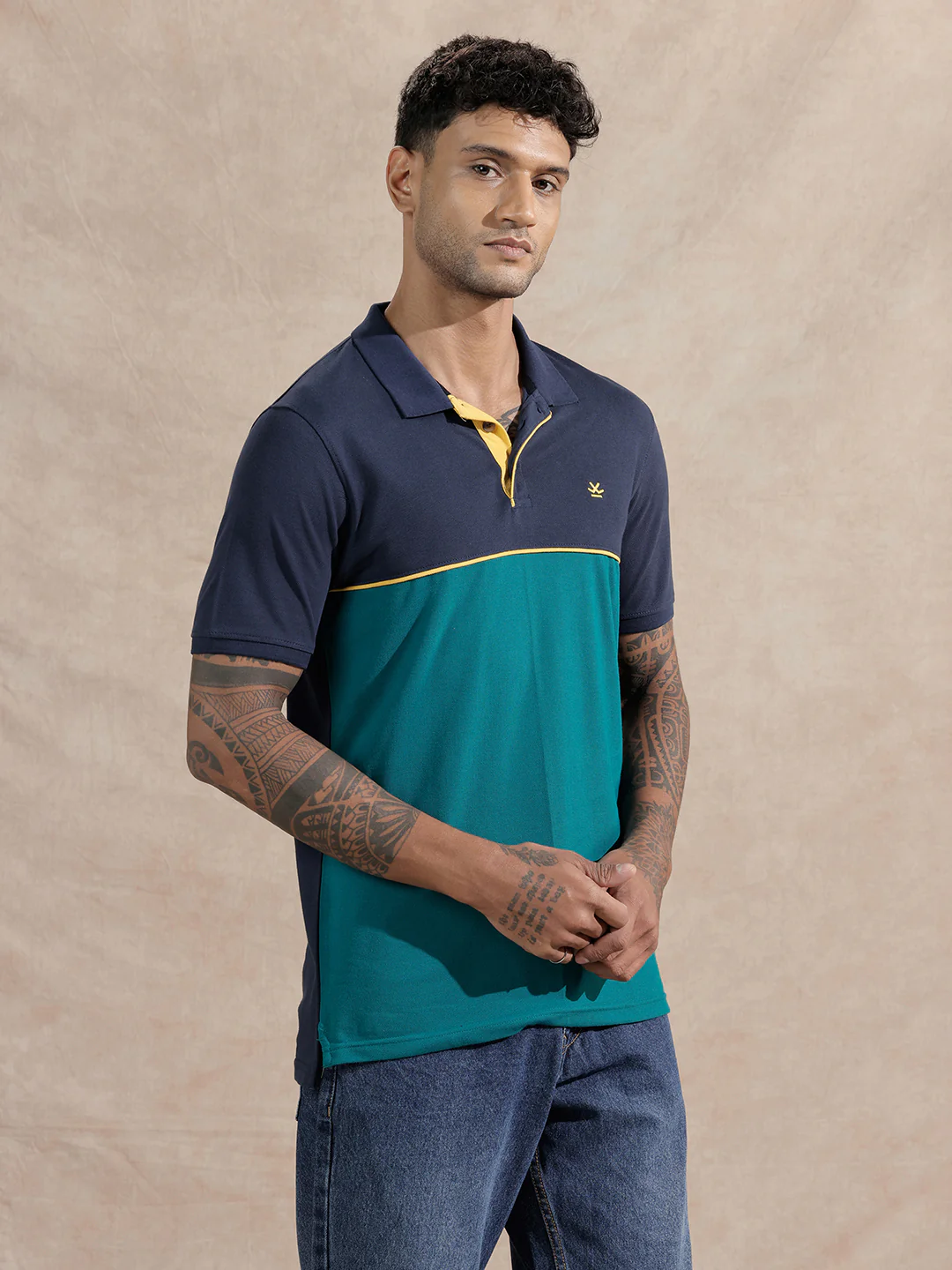 Colour Blocked Polo T-Shirt | Navy & Teal - Image 4