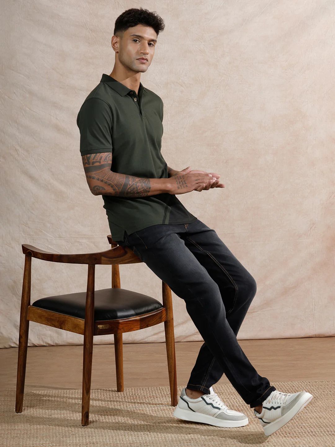 Colour Blocked Polo T-Shirt | Olive - Image 2