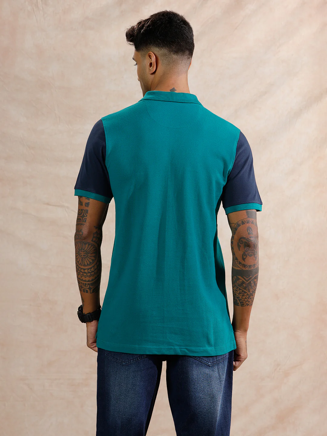 Colour Blocked Polo T-Shirt | Teal & Navy - Image 3