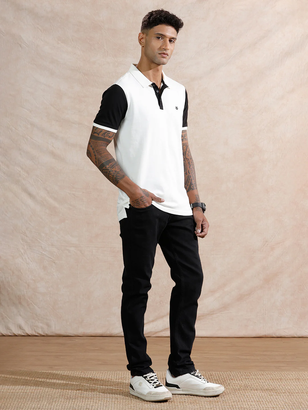 Colour Blocked Polo T-Shirt | White & Black - Image 2