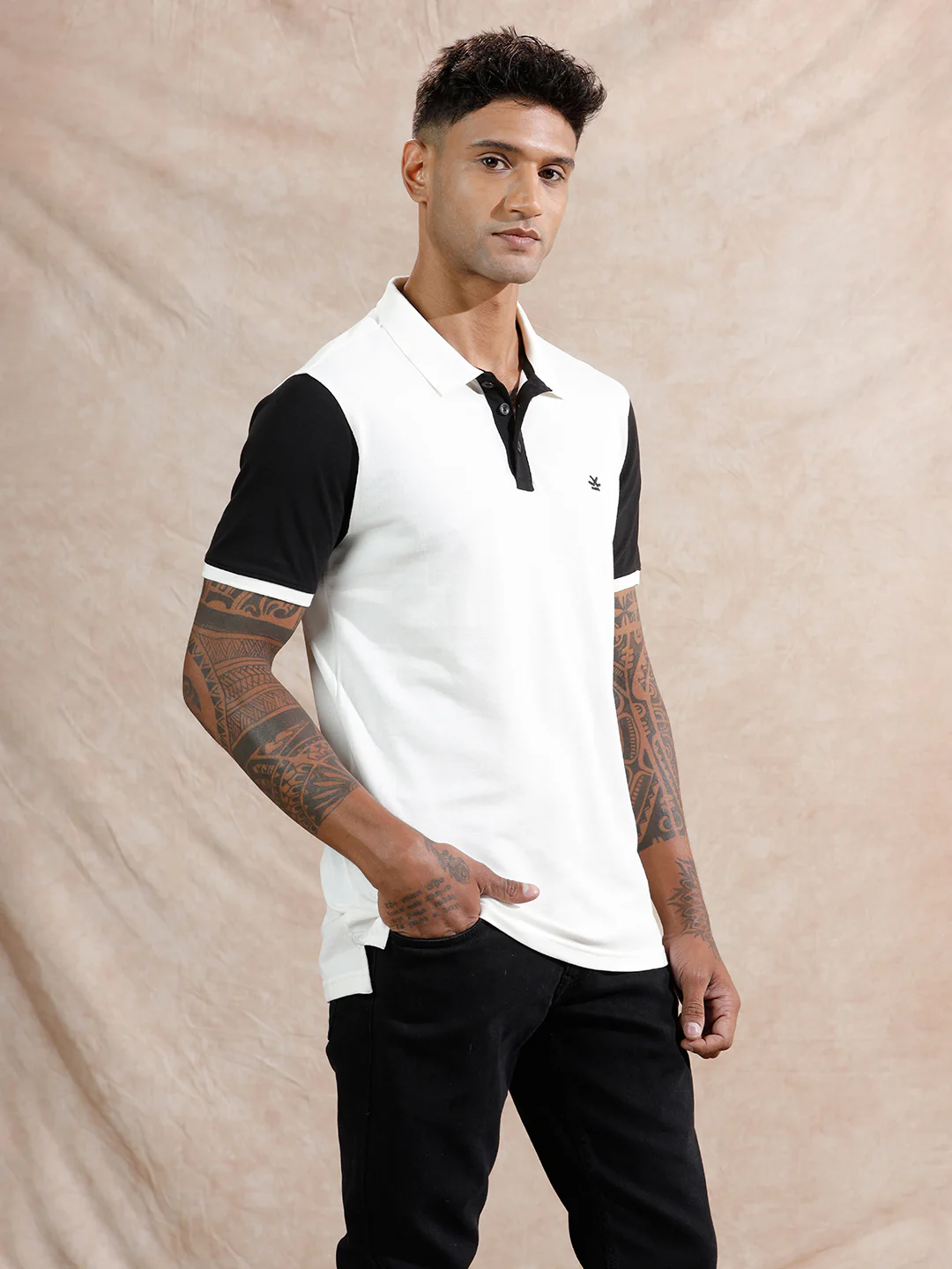 Colour Blocked Polo T-Shirt | White & Black - Image 4