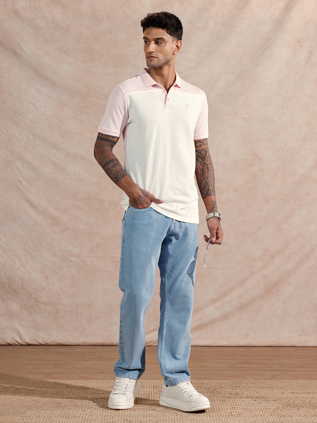 Colour Blocked Polo T-Shirt | White & Pink - Image 2