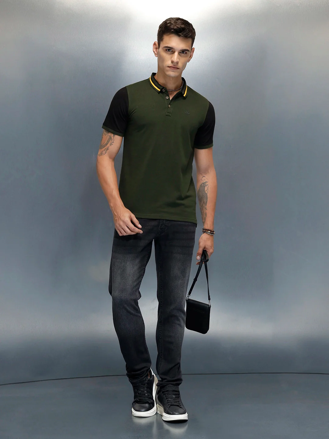 Colourblock Causal Men's Polo Neck T-Shirt | Olive - Image 2