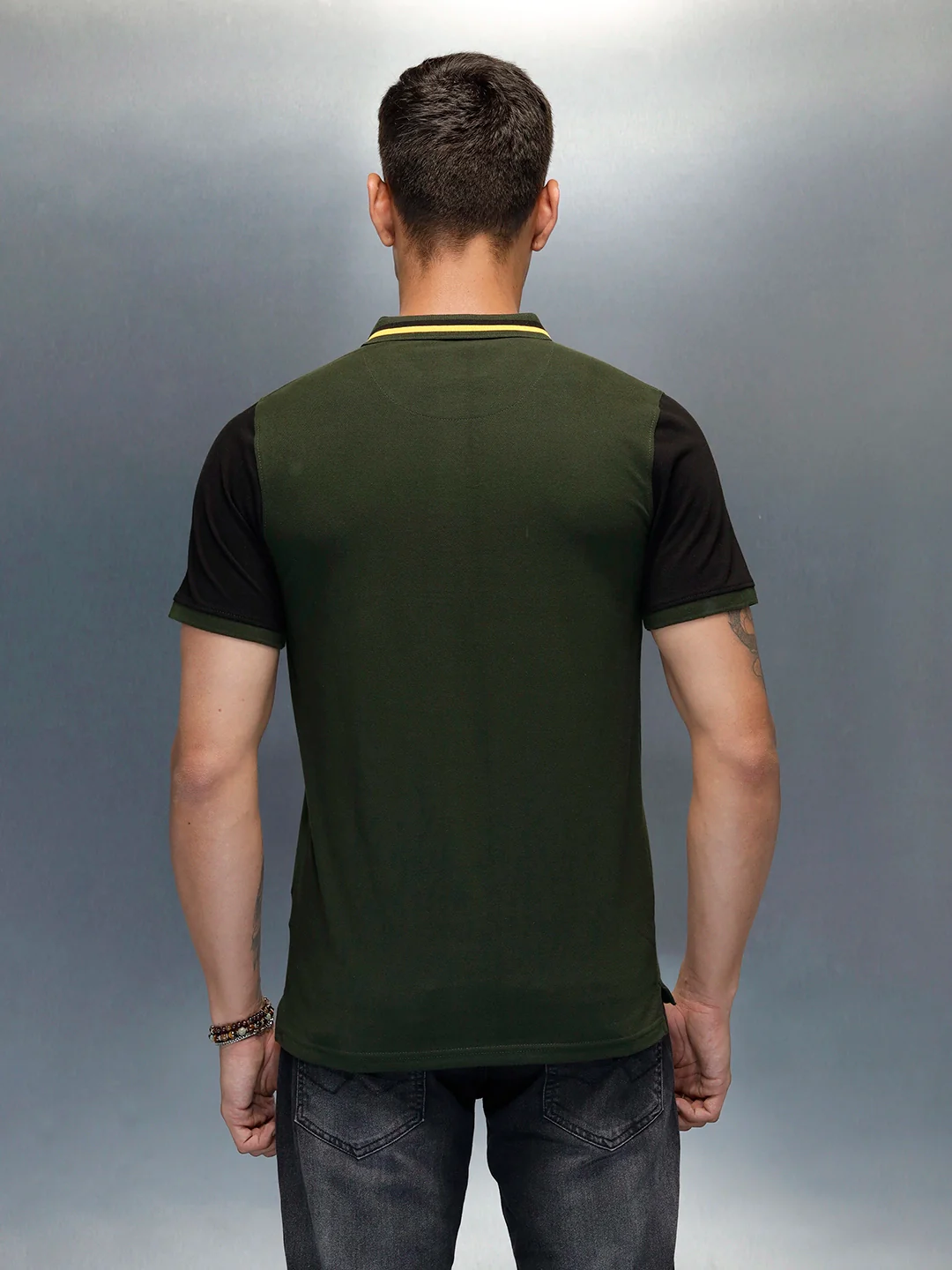 Colourblock Causal Men's Polo Neck T-Shirt | Olive - Image 3